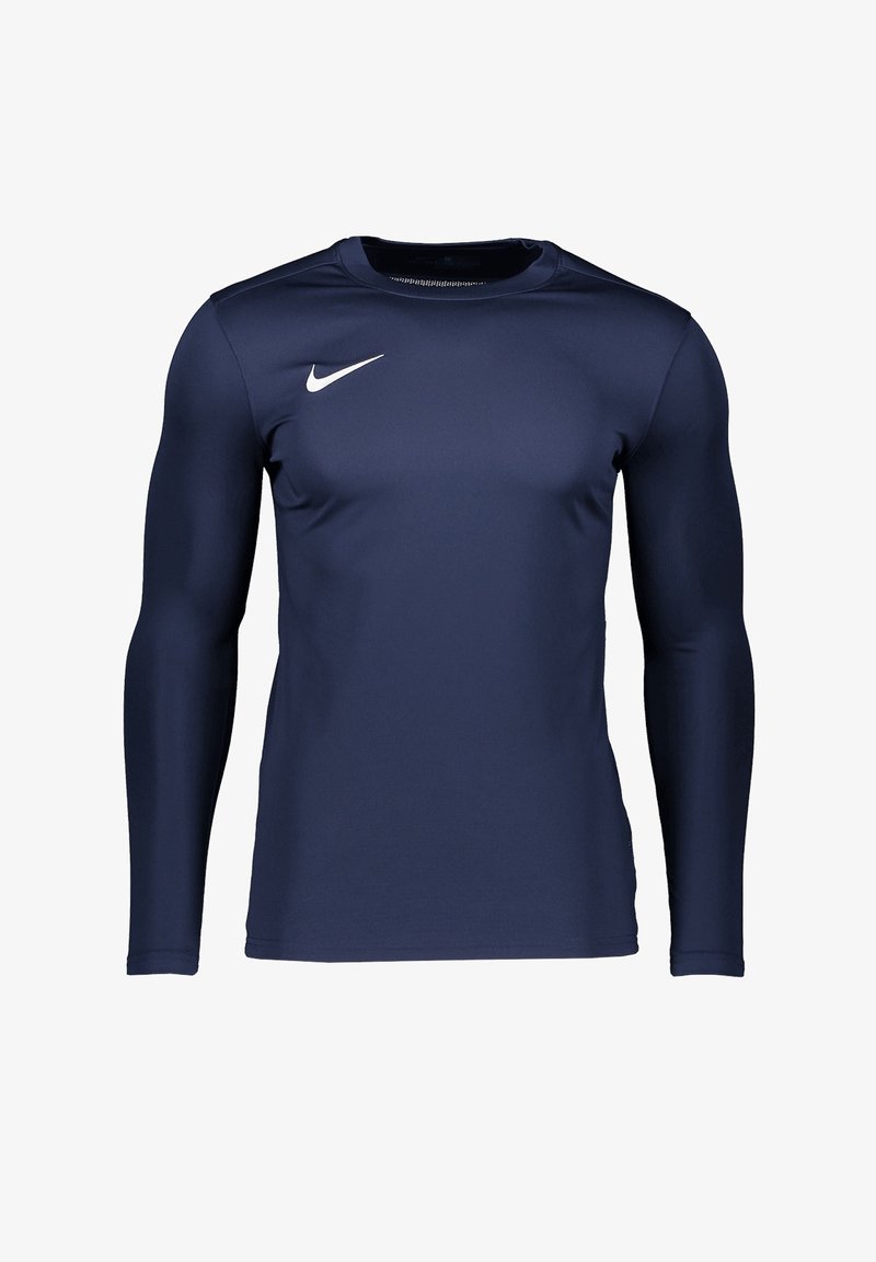 Námořnická modrá atletická košile s dlouhým rukávem vyrobená z hladkého, prodyšného materiálu. Na horní levé části hrudi se nachází bílé logo Nike.