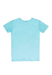 T-shirt in cotone azzurro chiaro con maniche corte e scollo rotondo, caratterizzata da una texture liscia e senza loghi o grafiche visibili.
