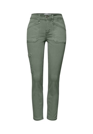 Olivengrønne tætsiddende bukser med frontlommer, sidelomme til værktøj, bælteholdere og knaplukning ved taljen.