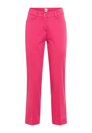 Helle pinke Hose mit geradem Bein, Vorder Taschen, Gürtel-Ösen und einem Knopfverschluss in der Taille.