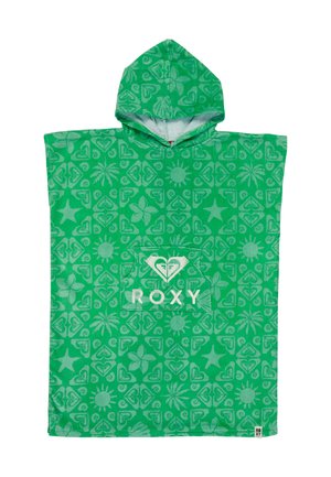 Zielony poncho z kapturem w tropikalne wzory, z przednią kieszenią i białym logo „ROXY” na piersi.