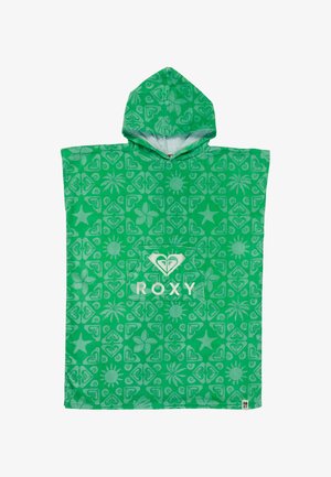 Groen hooded handdoekponcho met tropische patronen, voorkantzak en "ROXY"-logo in het wit op de borst.