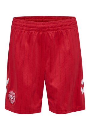 Rote Sportshorts mit subtilen vertikalen Streifen, elastischem Bund, weißen Chevron-Mustern an den Seiten und einem runden Sportlogo am linken Bein.