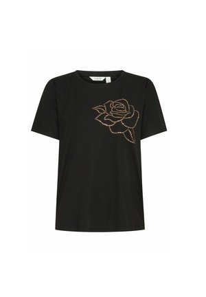 T-shirt nera a maniche corte con un design di rosa decorato con borchie metalliche sul davanti, realizzata in un tessuto morbido ed elastico.