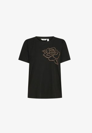 T-shirt nera a maniche corte con un design di rosa decorato con borchie metalliche sul davanti, realizzata in un tessuto morbido ed elastico.