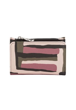 Rectangular wallet in textured leather, featuring a multi-colored abstract pattern with shades of pink, green, and black, and a zip closure.