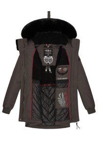Dark gray parka with black faux fur hood, red accents, quilted inner lining, and multiple interior pockets. Features branded labels.