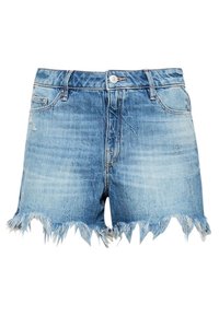 Jasnobłękitne spodenki dżinsowe z postrzępionym brzegiem. Klasyczny design z pięcioma kieszeniami i zapięciem na guzik, z lekkim wyblaknięciem w całej powierzchni.