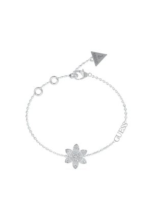 Silbernes Armband mit einem blumenförmigen Charm, der mit klaren Steinen besetzt ist, versehen mit einer strukturierten Kette und einem Logotag.