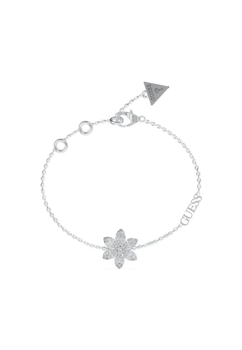 Zilveren armband met een bloemenstijl bedel bezet met heldere stenen, voorzien van een gestructureerde ketting en een logo-label.