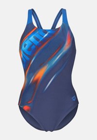 Badedragt i ét stykke med mønster i blå og mørk marineblå, der har et levende abstrakt design i orange og lyseblå. Justerbare stropper.