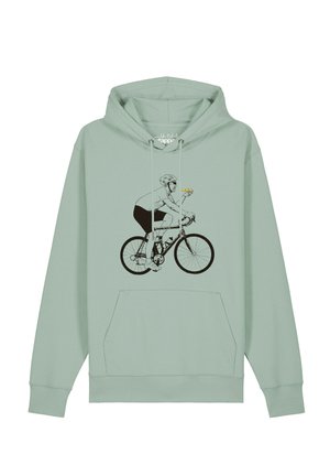 Sweat à capuche vert clair avec un graphisme de cycliste en noir et blanc tenant une tranche de pizza jaune tout en faisant du vélo.