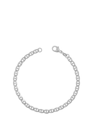 Bracciale a catena in argento con maglie ovali e chiusura a moschettone su sfondo bianco, disposto a forma circolare.