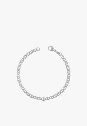 Silbernes Gliederarmband mit ovalen Gliedern und Karabinerverschluss auf weißem Hintergrund, in einer kreisförmigen Anordnung.