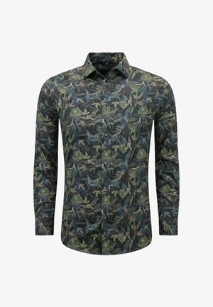 Langarmshirt met een donkere achtergrond en een patroon van meerkleurige bladeren en vogels, met een knoopsluiting aan de voorkant en een klassieke kraag.