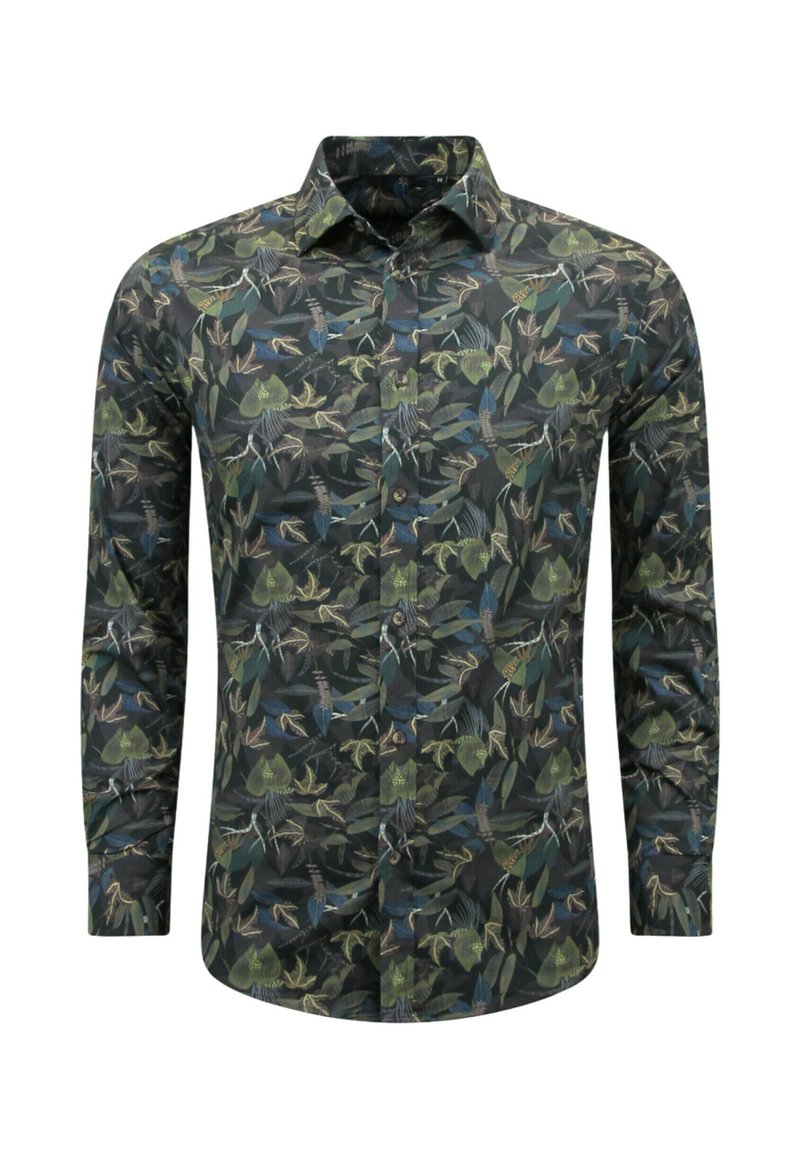 Langarmshirt met een donkere achtergrond en een patroon van meerkleurige bladeren en vogels, met een knoopsluiting aan de voorkant en een klassieke kraag.