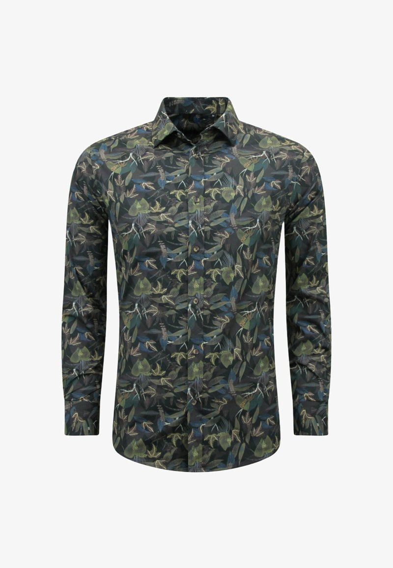 Langarmshirt met een donkere achtergrond en een patroon van meerkleurige bladeren en vogels, met een knoopsluiting aan de voorkant en een klassieke kraag.
