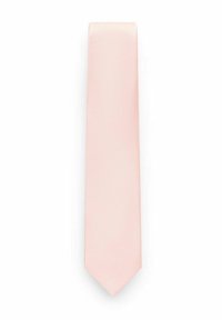 Rosa silkeslips med en mjuk textur, som har ett subtilt diagonalt mönster och en klassisk spetsig ände. Mäter cirka 7,5 cm i bredd vid basen.