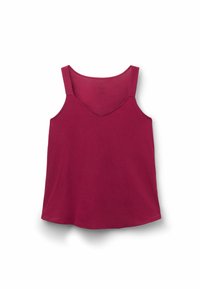 Bordeauxrotes Tanktop mit V-Ausschnitt und breiten Trägern aus weichem Stoff; verfügt über eine lockere Passform und eine glatte Textur.