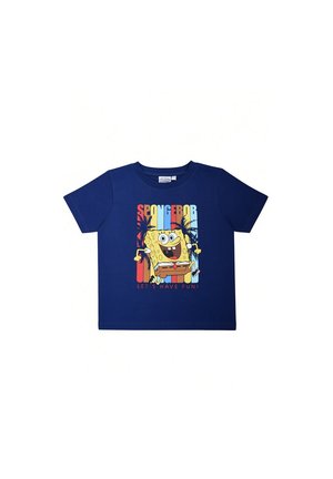 Navy blue children's T-shirt with a colorful SpongeBob graphic, palm trees, and the text "SPONGEBOR" and "LET'S HAVE FUN!"