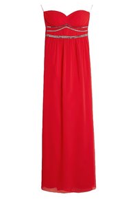 Robe rouge sans bretelles avec un corsage plissé, embellie de lignes horizontales en argent, jupe fluide et tissu doux et léger.