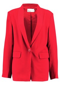 Roter Blazer mit glattem Stoff, Ein-Knopf-Verschluss, Schalkragen, zwei Vordertaschen und tailliertem Schnitt. Keine sichtbaren Muster.