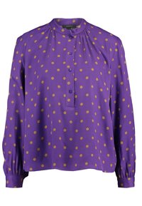 Blusa morada con lunares amarillos, abertura con botones, escote plisado y mangas largas con puños elásticos. Textura de tela suave.