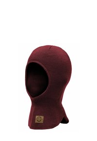Balaclava tricotat burgund cu vârf rotund, deschidere pentru față și margine ribbed. Prezintă o suprafață texturată și un mic patch branduit.