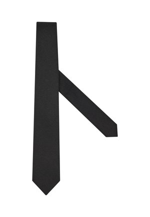 Cravate en soie noire avec une texture lisse, présentant une pointe aiguisée et une lame plate, agencée dans un design classique pour une tenue formelle.