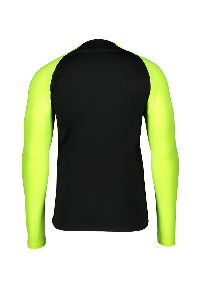 Langärmliges Sportshirt mit schwarzem Körper und leuchtend grünen Ärmeln. Hergestellt aus glattem, dehnbarem Material und mit einem Rundhalsausschnitt-Design.