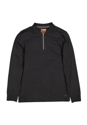 Black long-sleeve polo shirt made of textured fabric, featuring a zippered collar and ribbed cuffs. Includes a subtle logo on the hem.