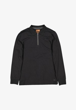 Black long-sleeve polo shirt made of textured fabric, featuring a zippered collar and ribbed cuffs. Includes a subtle logo on the hem.