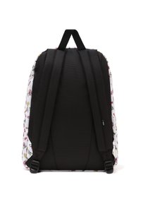 Sac à dos à motif floral noir et blanc avec des bretelles noires rembourrées, une poignée sur le dessus et des boucles latérales réglables pour un maintien sécurisé.