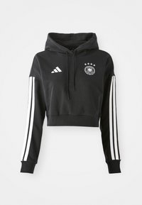 Sudadera corta negra de algodón con capucha ajustable. Presenta rayas blancas de Adidas en las mangas y el emblema del fútbol alemán en el pecho.