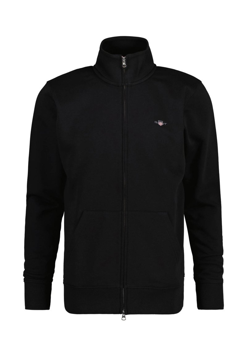 Schwarze Zip-Up-Sweatshirt mit hohem Kragen, aus weichem Stoff, mit zwei vorderen Taschen und einem kleinen Logo auf der Brust.