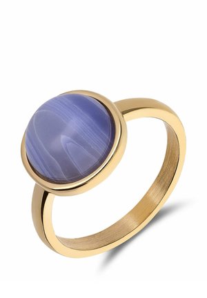 Gold ring with a round polished blue stone featuring natural white striations, set in a smooth bezel setting.