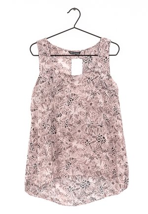 Blusa senza maniche floreale in un delicato rosa, caratterizzata da un motivo floreale in tonalità scure, scollo rotondo e una apertura a chiave sul retro.