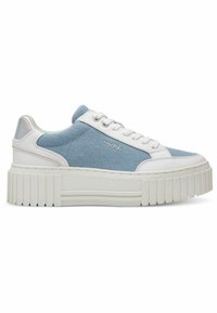 Blue canvas sneakers with white leather accents, a thick platform sole with ridged texture, and round laces. Brand logo visible on the side.