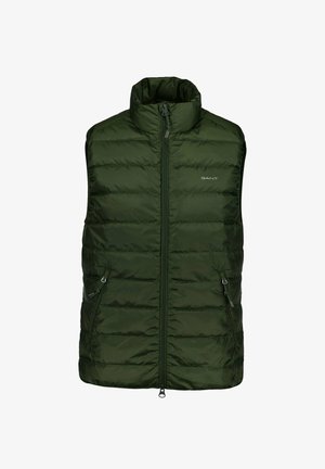 Grüne Steppweste mit hohem Kragen, Reißverschluss und zwei seitlichen Taschen. Verfügt über ein gesteppter Designs und das GANT-Logo auf der Vorderseite.