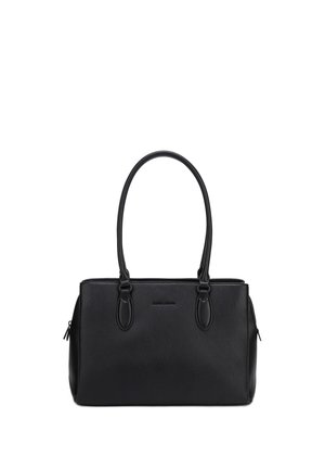 Zwarte rechthoekige handtas met dubbele bovenhandvatten, klein merklogo aan de voorkant en ritszakken aan de zijkanten.