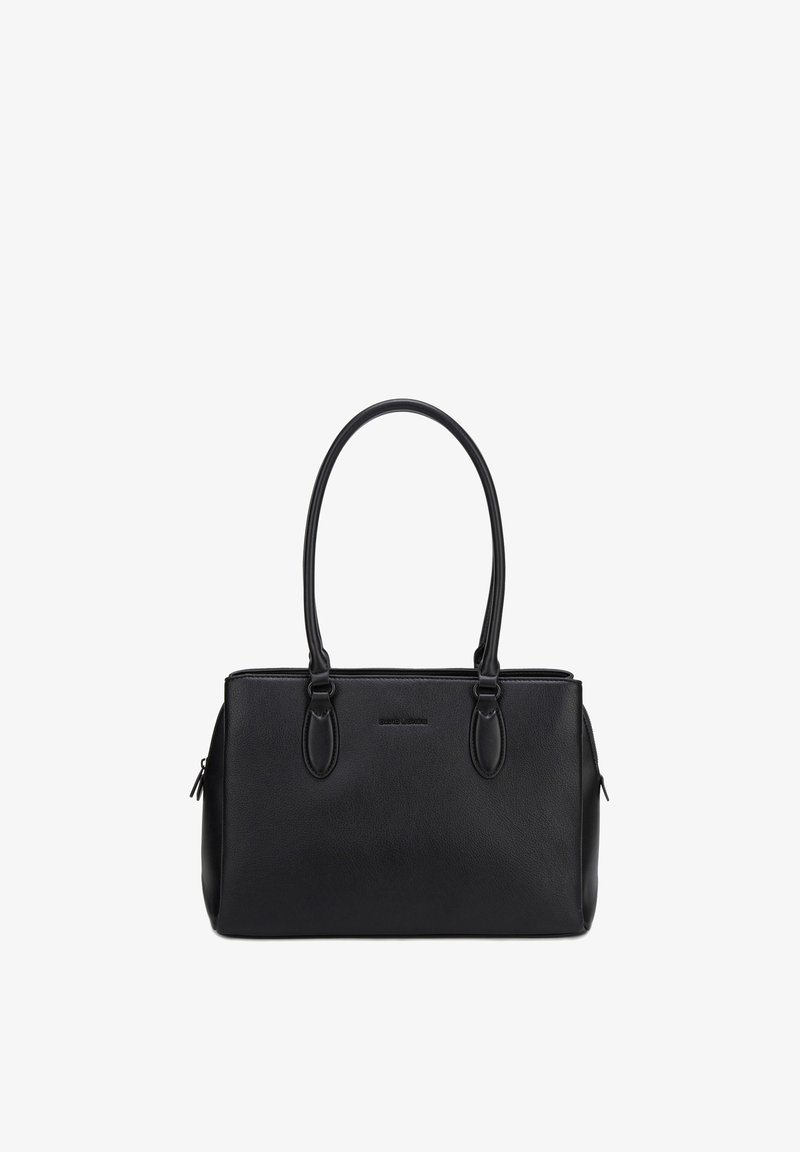 Sac à main rectangulaire noir avec doubles poignées supérieures, petit logo de la marque à l'avant et poches latérales zippées.