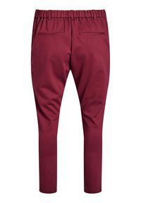 Pantalon bordeaux avec une taille élastique, deux poches arrière, design de jambe fuselée et texture de tissu lisse.