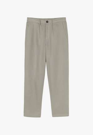 Pantaloni in lino grigio chiaro con taglio dritto, dotati di tasche frontali e chiusura a un bottone in vita. Tessuto liscio, senza motivi.