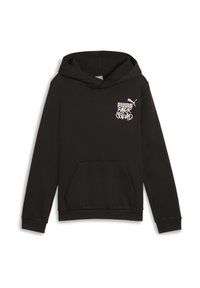 Sudadera negra hecha de tela suave, con un bolsillo frontal, capucha con cordón y texto de logo impreso en blanco en el lado izquierdo del pecho.