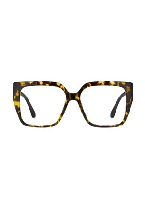 Montatura per occhiali di forma quadrata con motivo tartarugato nelle tonalità del marrone e del giallo, con lenti trasparenti e aste nere.