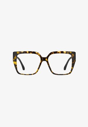Montatura per occhiali di forma quadrata con motivo tartarugato nelle tonalità del marrone e del giallo, con lenti trasparenti e aste nere.