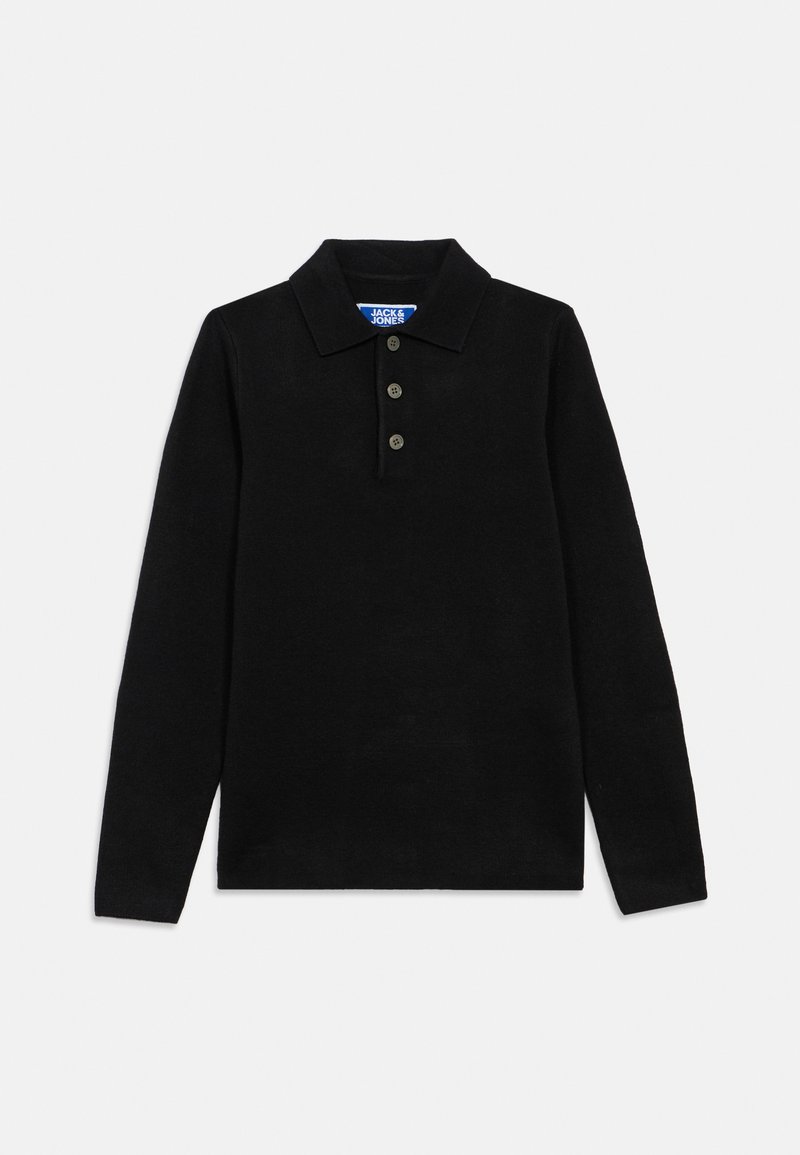 Crna dugosleeve polo košulja s ovratnikom, trodijelnim kopčanjem i jednostavnom teksturom. Oznaka glasi "JACK & JONES" u plavoj boji.