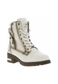 Witte enkelboot met een leren bovenwerk met structuur, vetersluiting aan de voorkant, zijrits en een contrasterende bruine rubberen zool. Voorzien van een nepbont voering.