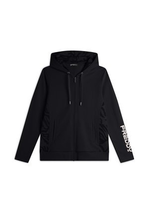 Felpa nera con zip, pannello laterale con motivo, cappuccio regolabile con cordino e tasche frontali. Presenta il testo bianco a contrasto "FREDDY" sulla manica.