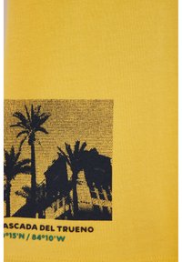 Musta palmipuude ja mäe siluett kollasel kangal teksti "Cascada del Trueno" ning geograafiliste koordinaatidega allpool.